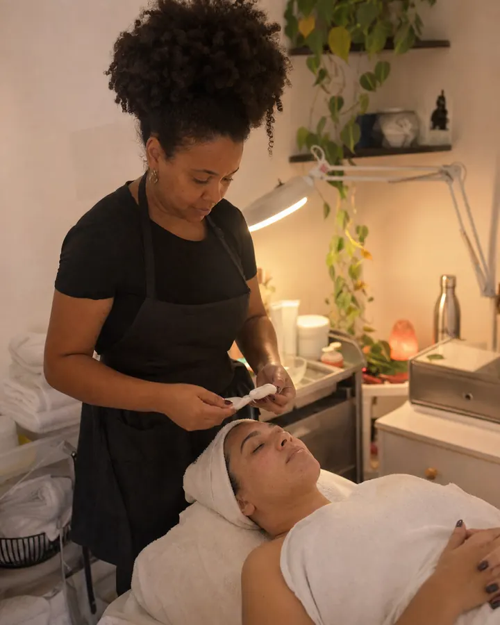 Cosmetóloga prepara un tratamiento facial a una clienta