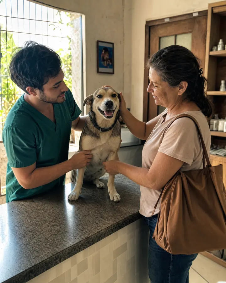 Veterinario revisa a un perro sobre el mostrador junto a su dueña